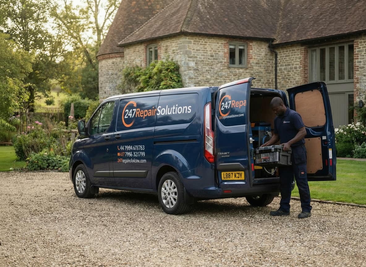 Heating engineer unloading boiler equipment from a 24/7 repair service van at a residential property
