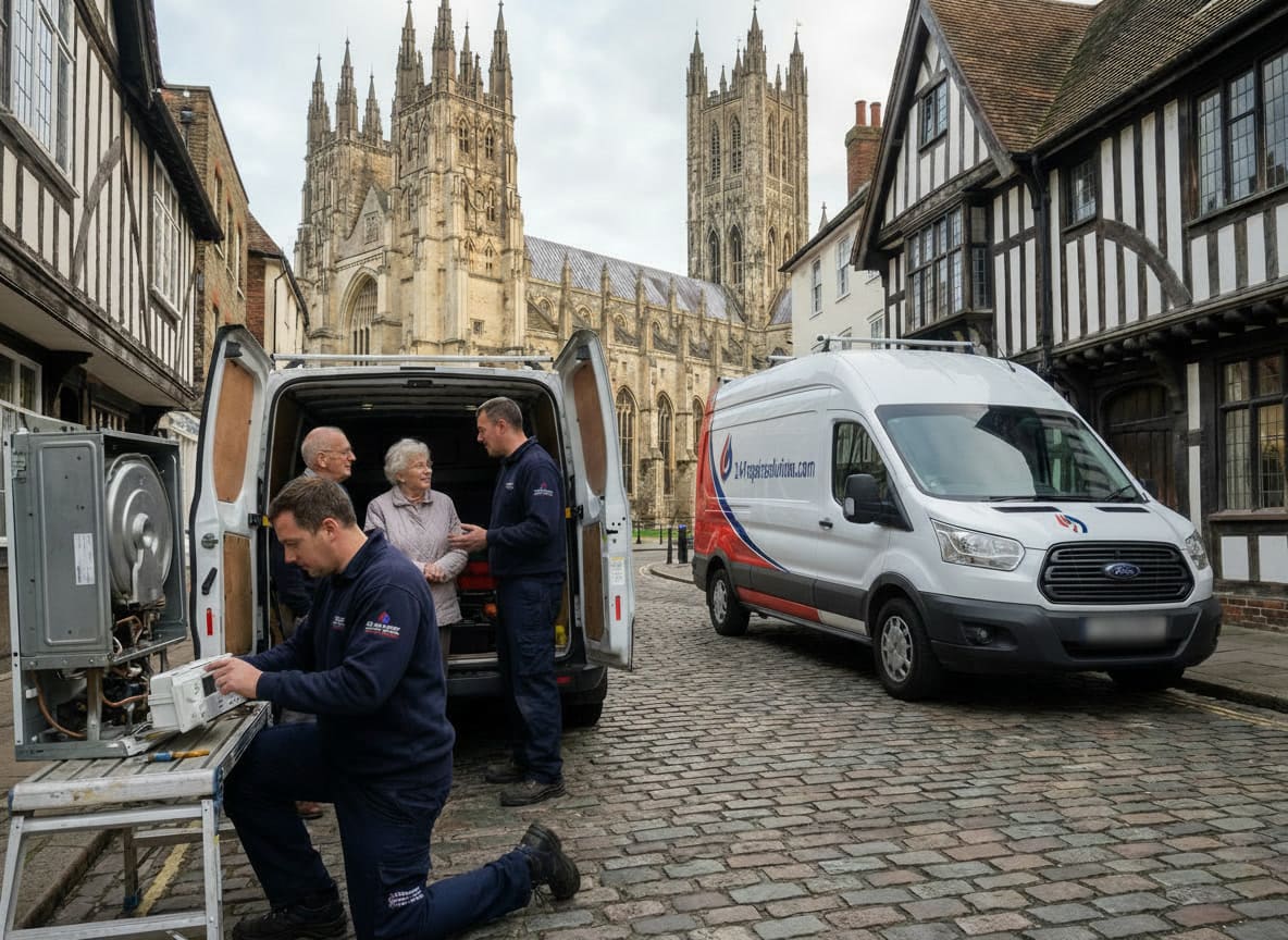 Heating engineers repairing a boiler outside a historic city centre property