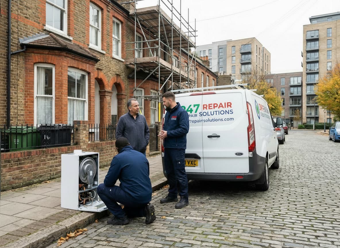 247 Repair Solutions engineers inspecting a boiler outside a residential property