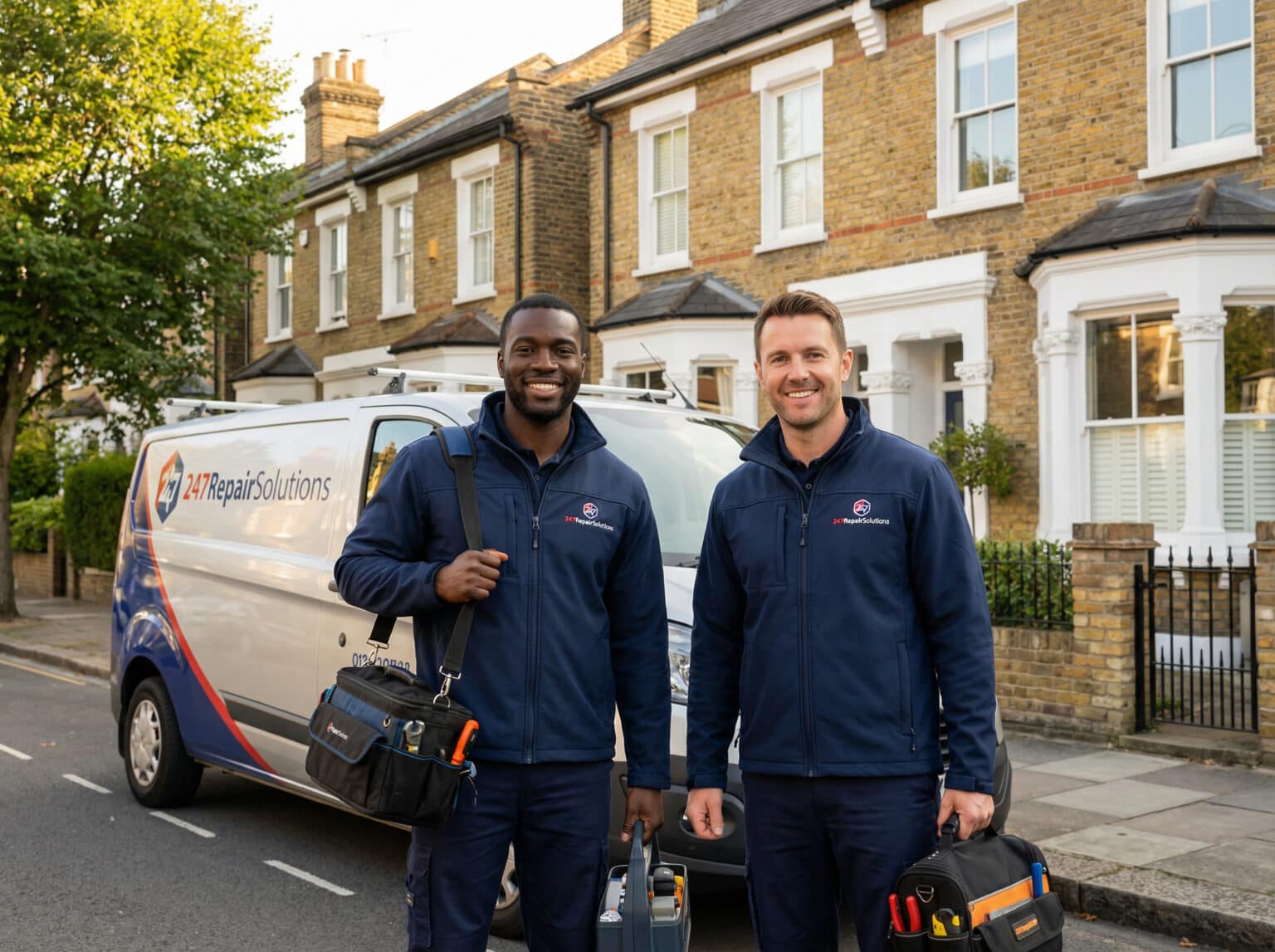 Two 24/7 Repair Solutions engineers standing outside London home with branded service van