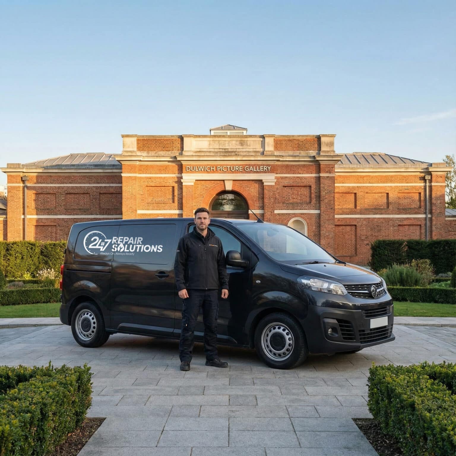 247 Repair Solutions engineer standing beside branded service van outside Dulwich Picture Gallery